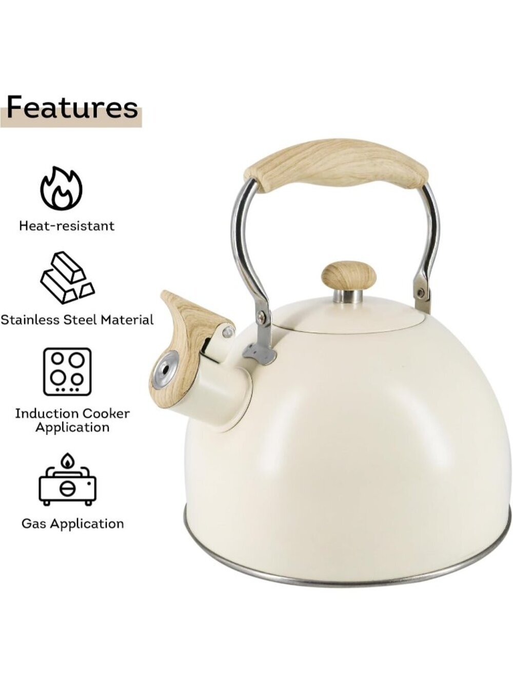 Matte Cream Kitchen Whistling Tea Kettle 2 Quart Stainless Steel Stovetop Teapot - Picture 3 of 6